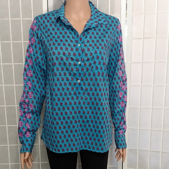 J. Crew Tops - J. Crew Re-imagined Blue Button-up Floral Shirt with Pink Floral Accents WMNS -M